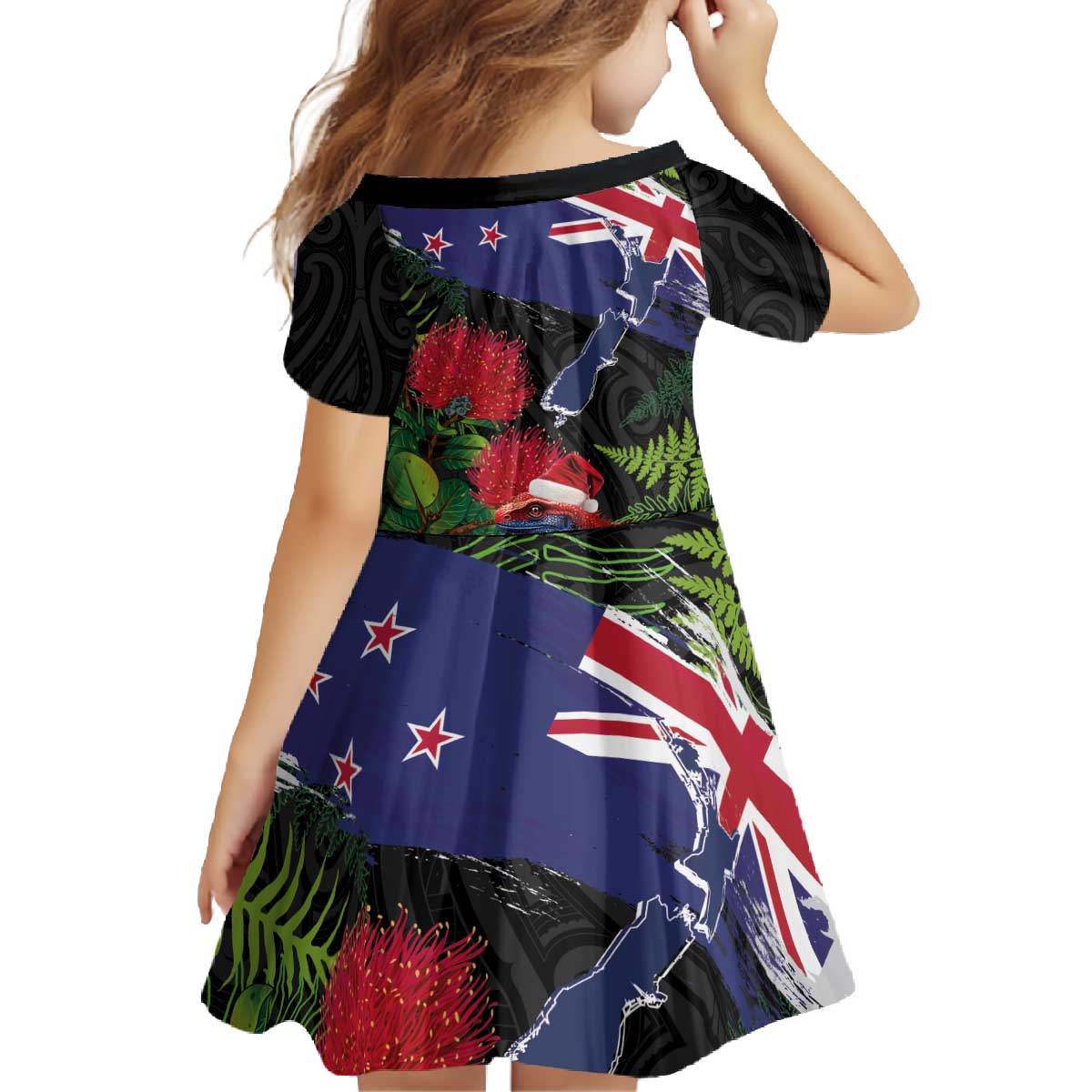 New Zealand Christmas Family Matching Off The Shoulder Long Sleeve Dress and Hawaiian Shirt Meri Kirihimete-Tuatara and Pohutukawa Black Color