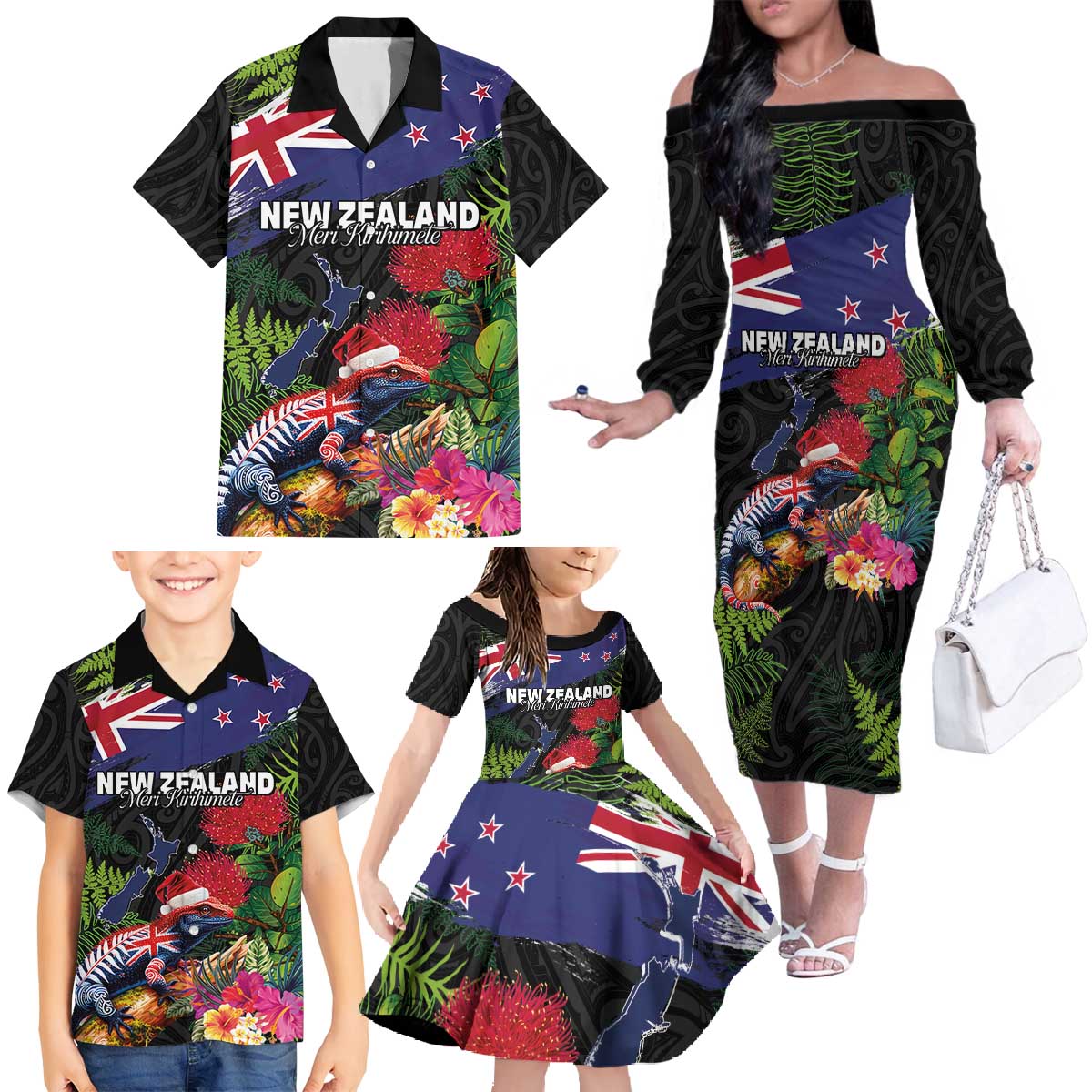 New Zealand Christmas Family Matching Off The Shoulder Long Sleeve Dress and Hawaiian Shirt Meri Kirihimete-Tuatara and Pohutukawa Black Color