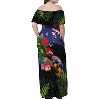 New Zealand Christmas Family Matching Off Shoulder Maxi Dress and Hawaiian Shirt Meri Kirihimete-Tuatara and Pohutukawa Black Color