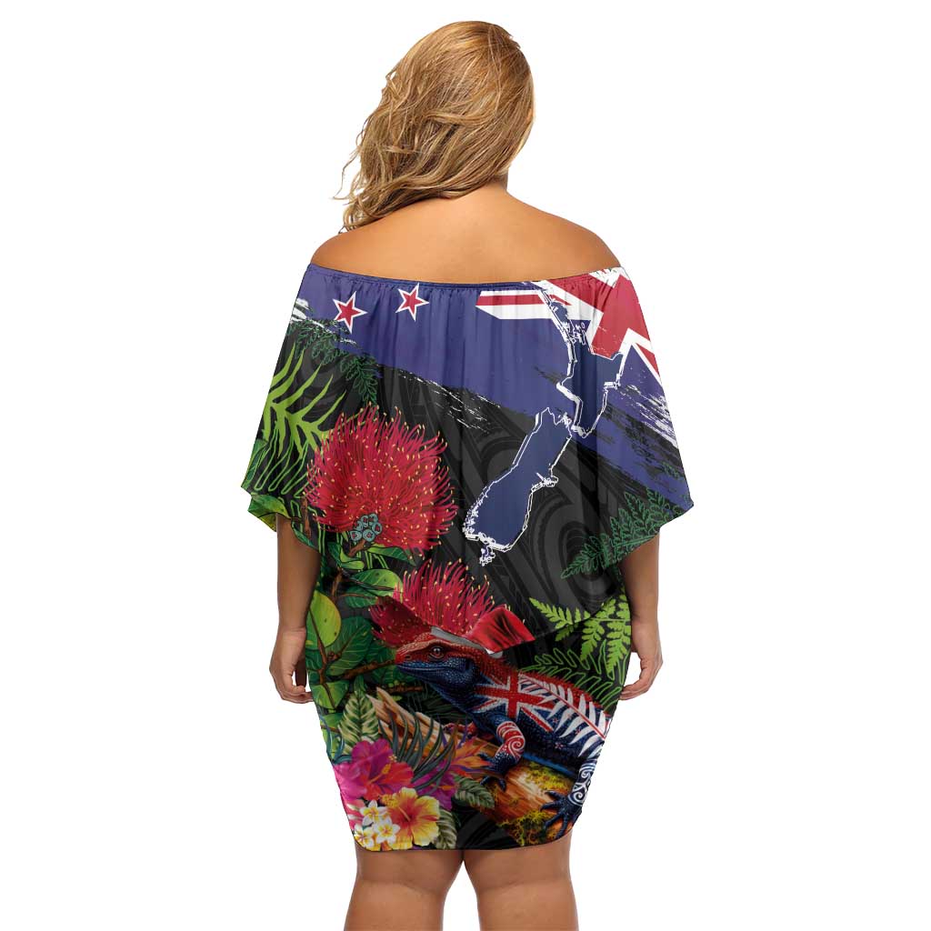 New Zealand Christmas Family Matching Off Shoulder Short Dress and Hawaiian Shirt Meri Kirihimete-Tuatara and Pohutukawa Black Color
