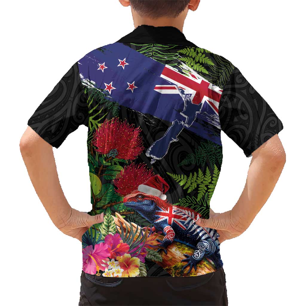 New Zealand Christmas Family Matching Short Sleeve Bodycon Dress and Hawaiian Shirt Meri Kirihimete-Tuatara and Pohutukawa Black Color