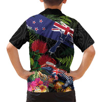 New Zealand Christmas Family Matching Short Sleeve Bodycon Dress and Hawaiian Shirt Meri Kirihimete-Tuatara and Pohutukawa Black Color