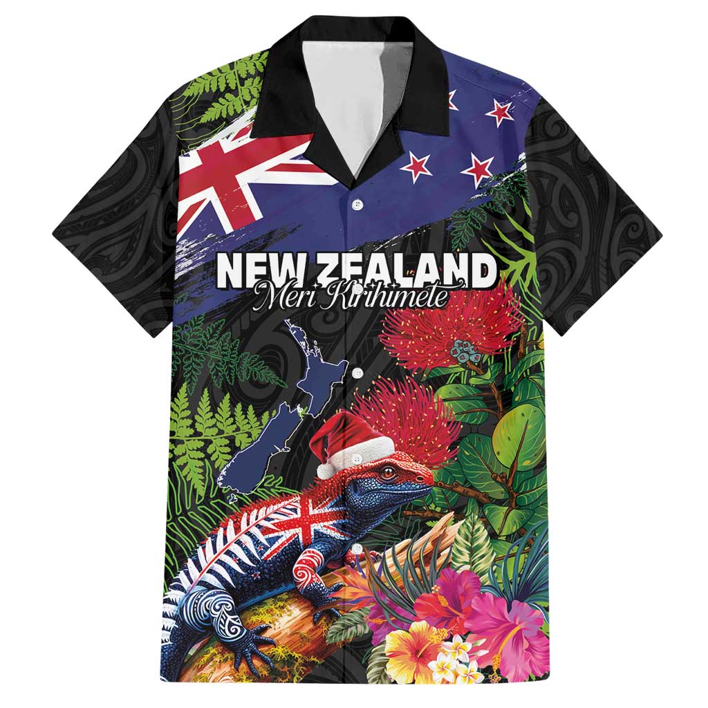 New Zealand Christmas Family Matching Short Sleeve Bodycon Dress and Hawaiian Shirt Meri Kirihimete-Tuatara and Pohutukawa Black Color