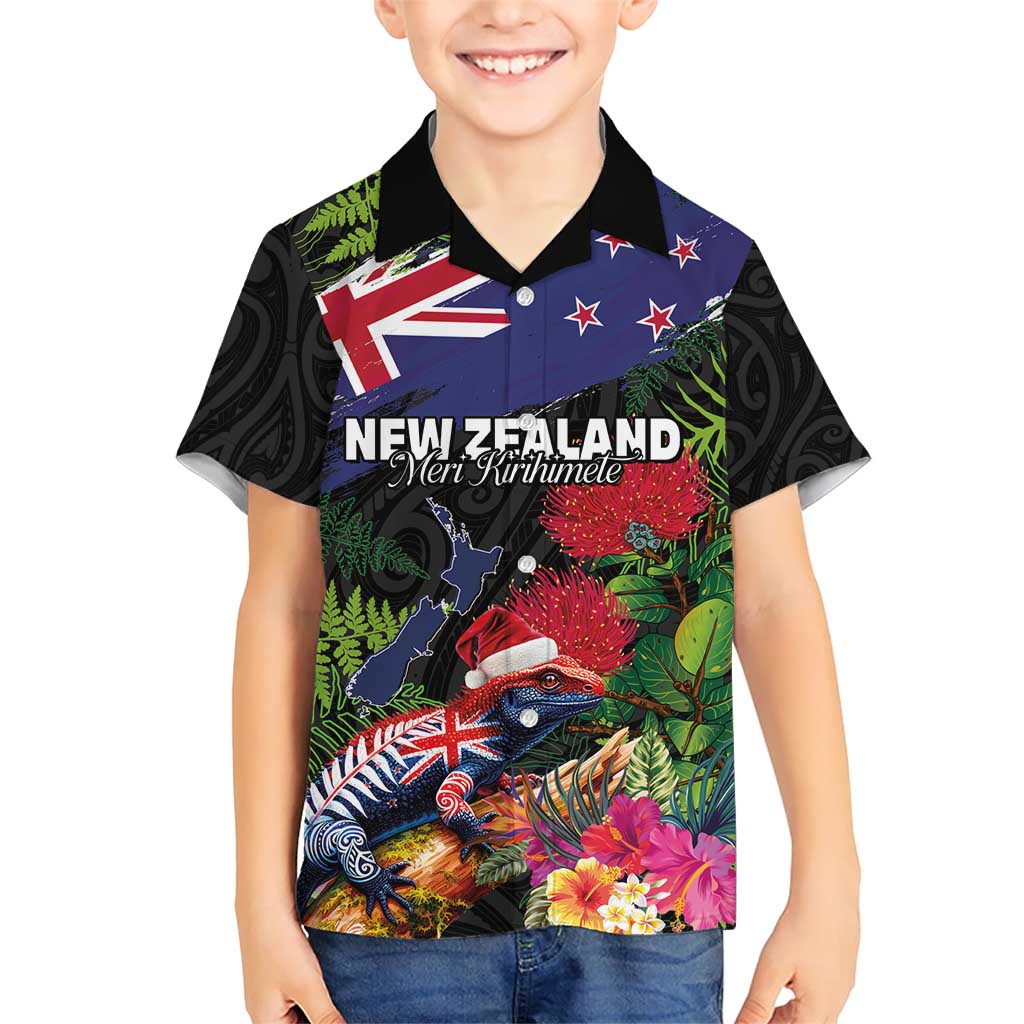 New Zealand Christmas Family Matching Short Sleeve Bodycon Dress and Hawaiian Shirt Meri Kirihimete-Tuatara and Pohutukawa Black Color