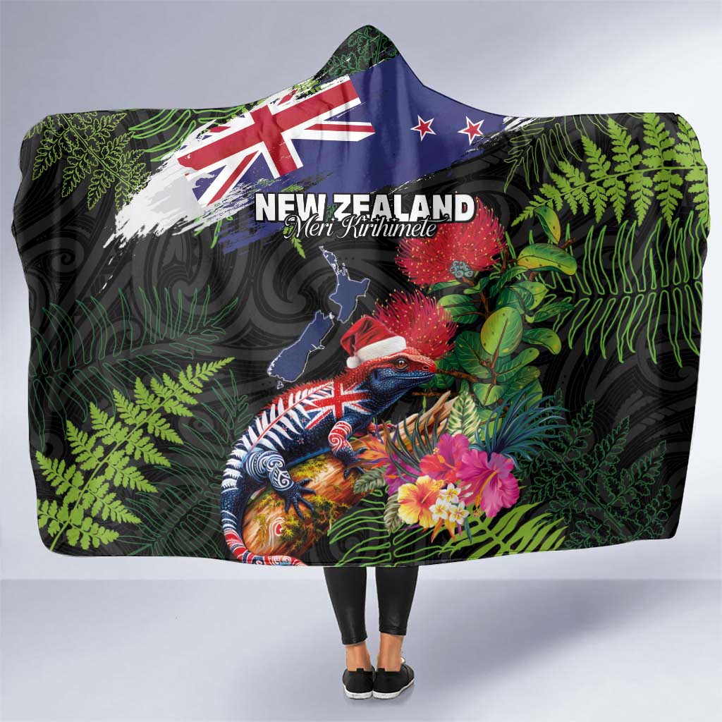 New Zealand Christmas Hooded Blanket Meri Kirihimete-Tuatara and Pohutukawa Black Color