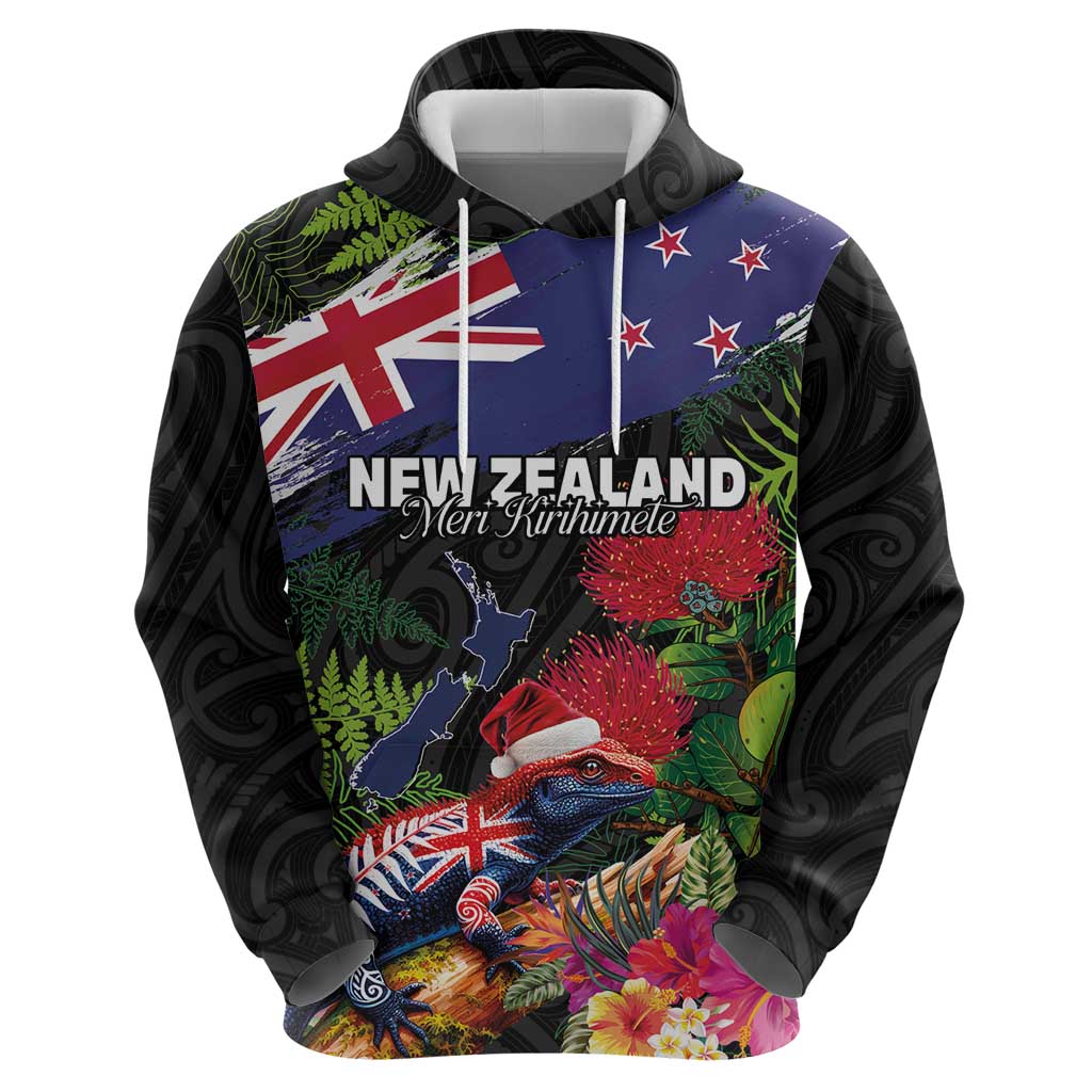 New Zealand Christmas Hoodie Meri Kirihimete-Tuatara and Pohutukawa Black Color