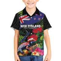 New Zealand Christmas Kid Hawaiian Shirt Meri Kirihimete-Tuatara and Pohutukawa Black Color