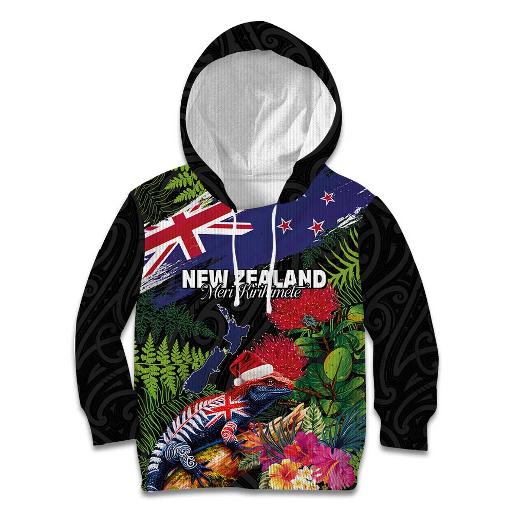 New Zealand Christmas Kid Hoodie Meri Kirihimete-Tuatara and Pohutukawa Black Color