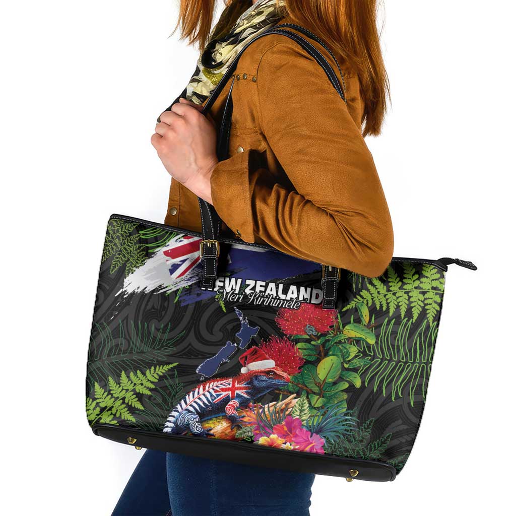 New Zealand Christmas Leather Tote Bag Meri Kirihimete-Tuatara and Pohutukawa Black Color
