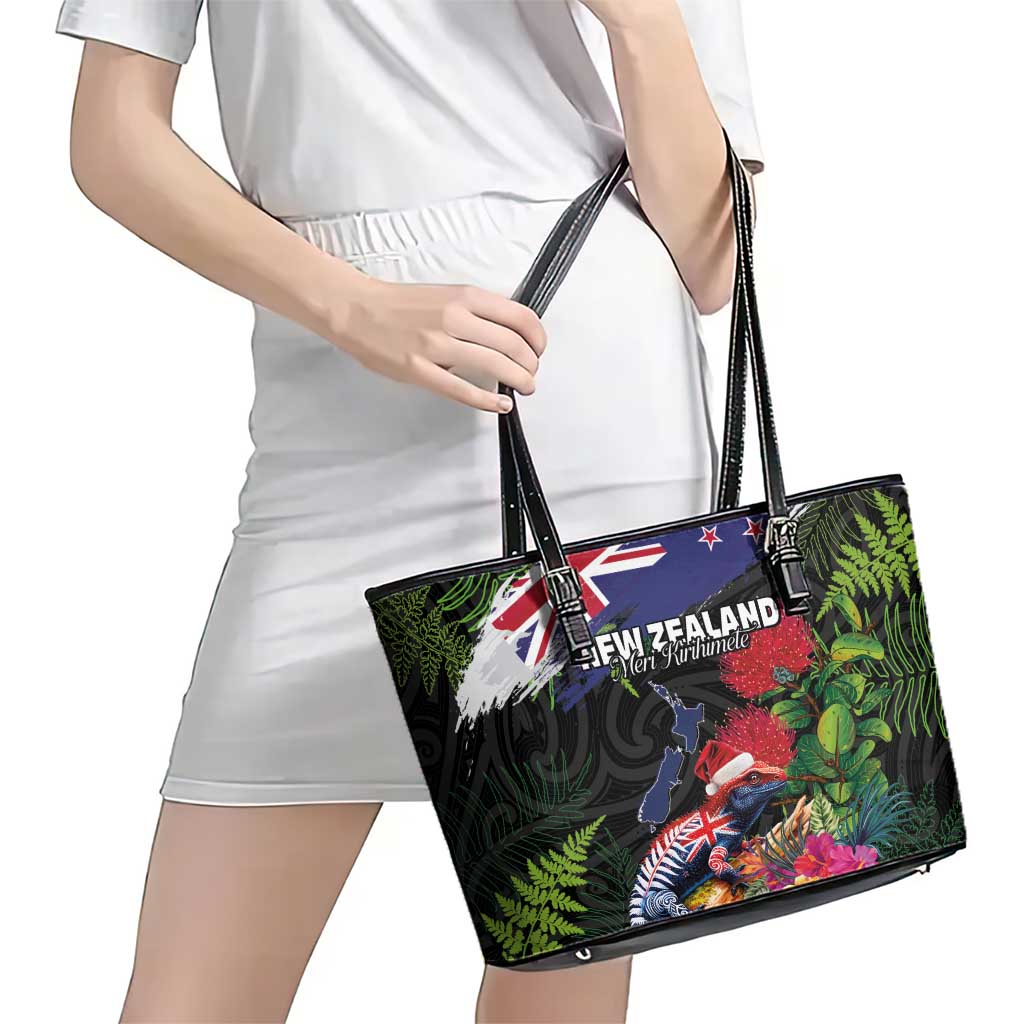 New Zealand Christmas Leather Tote Bag Meri Kirihimete-Tuatara and Pohutukawa Black Color
