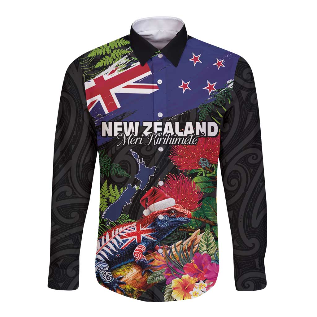 New Zealand Christmas Long Sleeve Button Shirt Meri Kirihimete-Tuatara and Pohutukawa Black Color