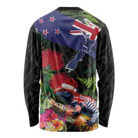 New Zealand Christmas Long Sleeve Shirt Meri Kirihimete-Tuatara and Pohutukawa Black Color