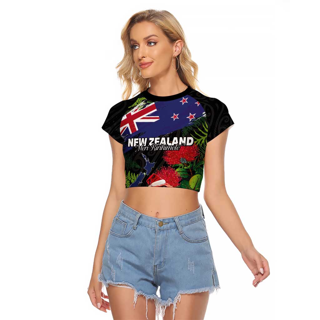 New Zealand Christmas Raglan Cropped T Shirt Meri Kirihimete-Tuatara and Pohutukawa Black Color