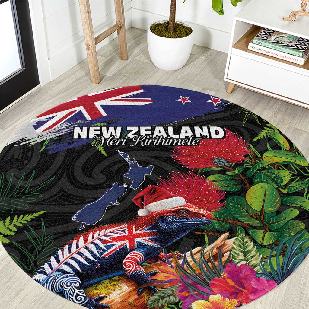 New Zealand Christmas Round Carpet Meri Kirihimete-Tuatara and Pohutukawa Black Color