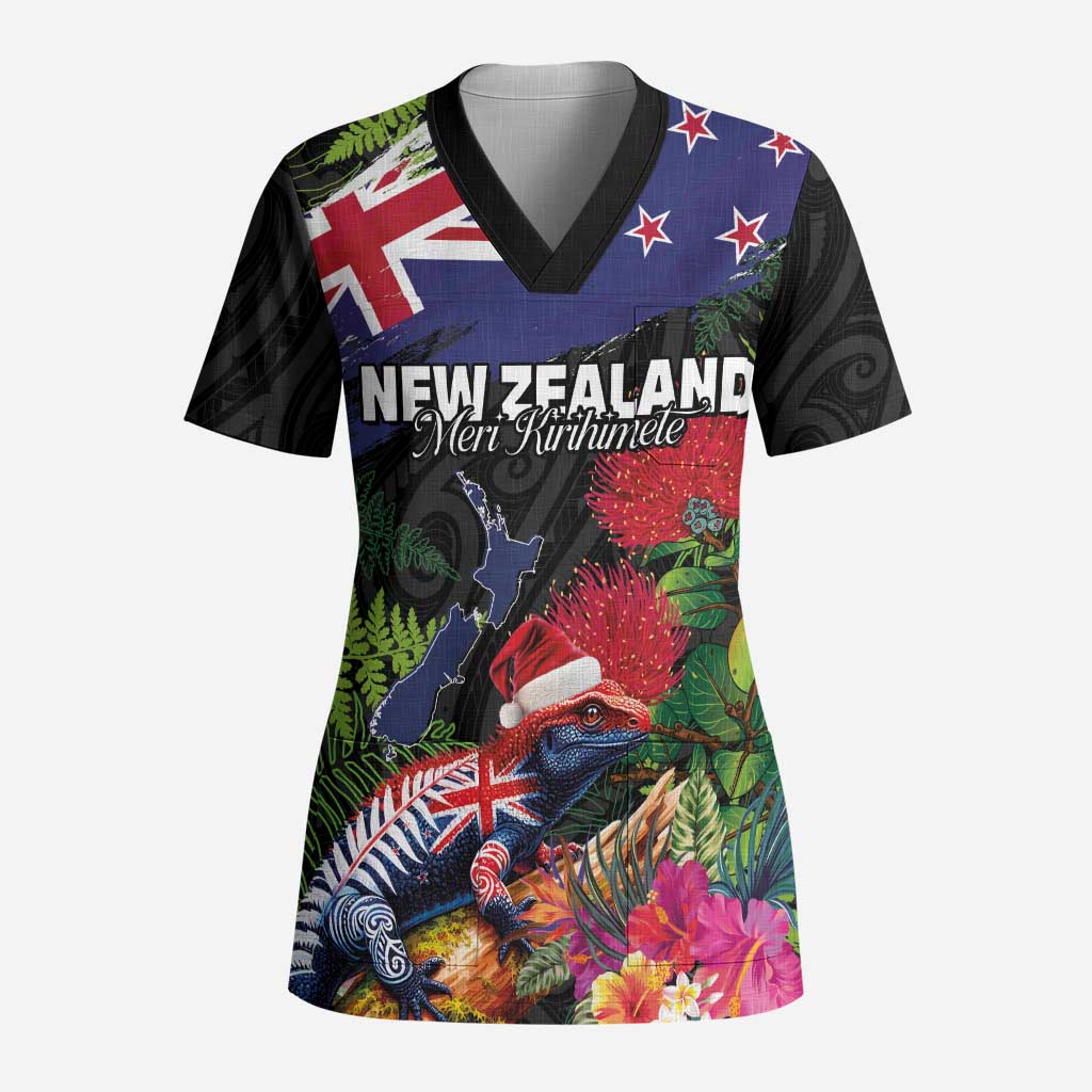New Zealand Christmas Scrub Top Meri Kirihimete-Tuatara and Pohutukawa Black Color - Polynesian Pride