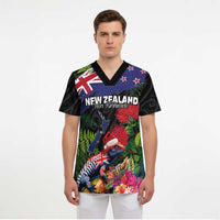 New Zealand Christmas Scrub Top Meri Kirihimete-Tuatara and Pohutukawa Black Color - Polynesian Pride