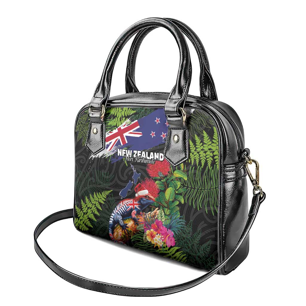 New Zealand Christmas Shoulder Handbag Meri Kirihimete-Tuatara and Pohutukawa Black Color
