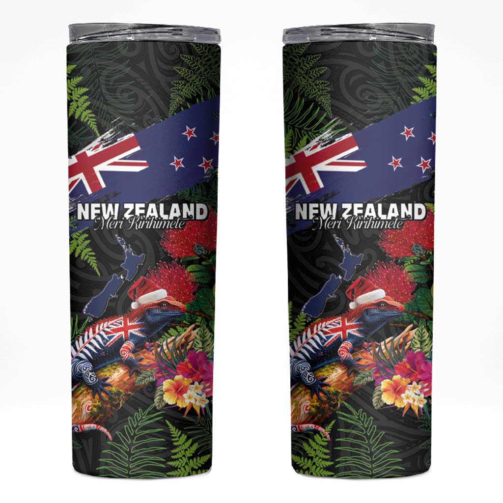 New Zealand Christmas Skinny Tumbler Meri Kirihimete-Tuatara and Pohutukawa Black Color LT03 Black - Polynesian Pride