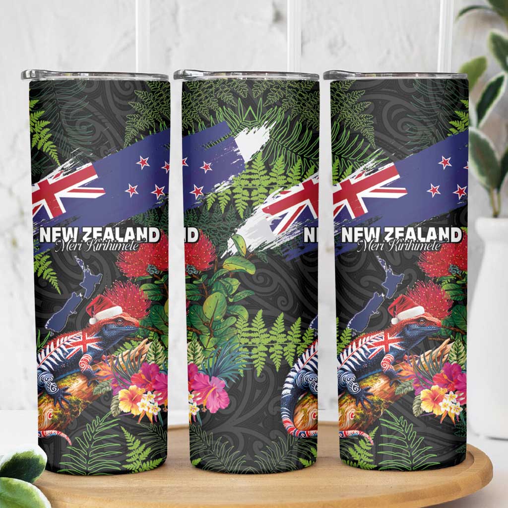 New Zealand Christmas Skinny Tumbler Meri Kirihimete-Tuatara and Pohutukawa Black Color LT03 - Polynesian Pride