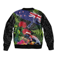 New Zealand Christmas Sleeve Zip Bomber Jacket Meri Kirihimete-Tuatara and Pohutukawa Black Color