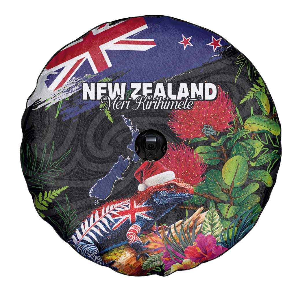 New Zealand Christmas Spare Tire Cover Meri Kirihimete-Tuatara and Pohutukawa Black Color