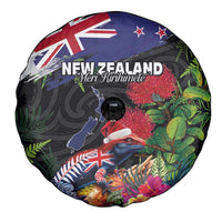 New Zealand Christmas Spare Tire Cover Meri Kirihimete-Tuatara and Pohutukawa Black Color