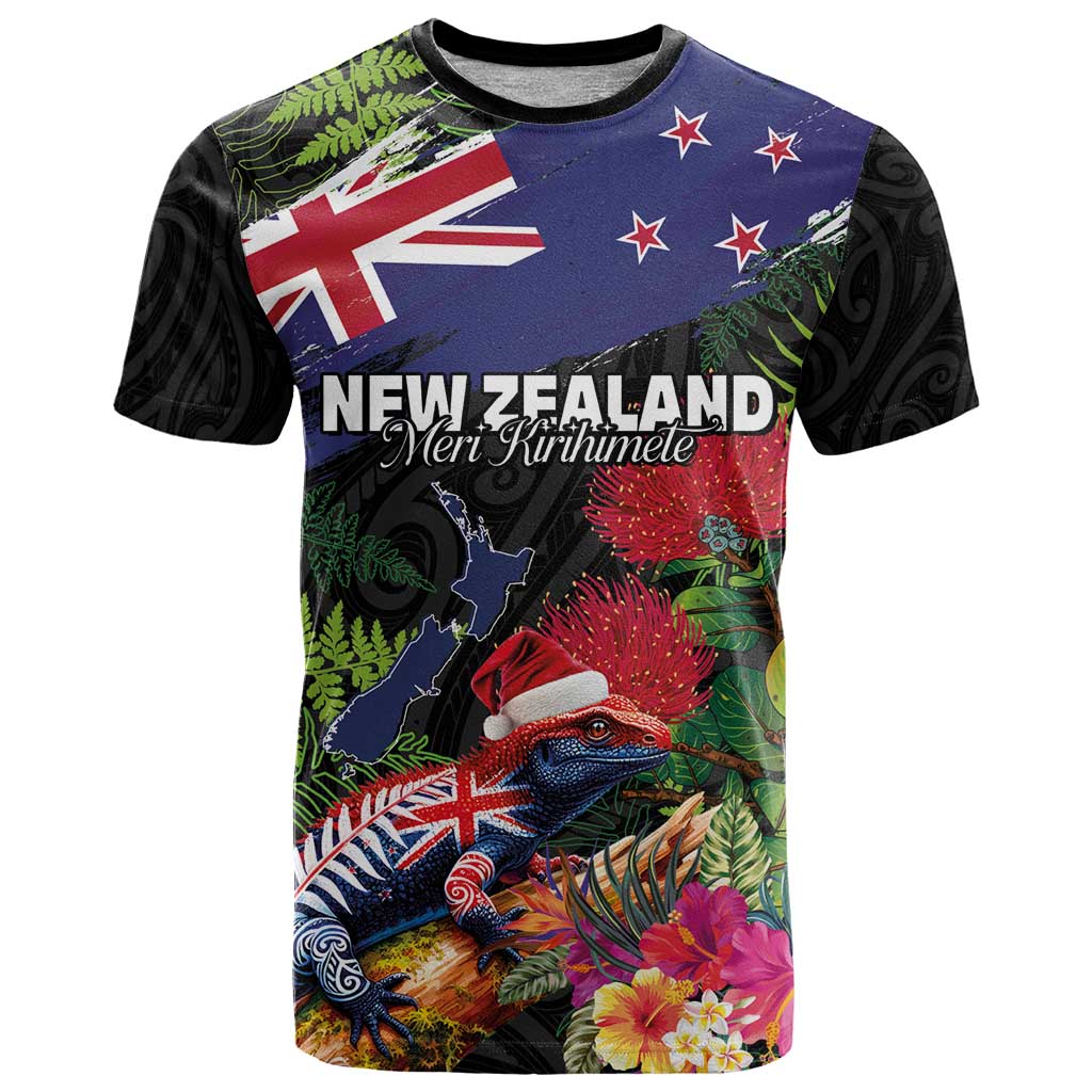 New Zealand Christmas T Shirt Meri Kirihimete-Tuatara and Pohutukawa Black Color