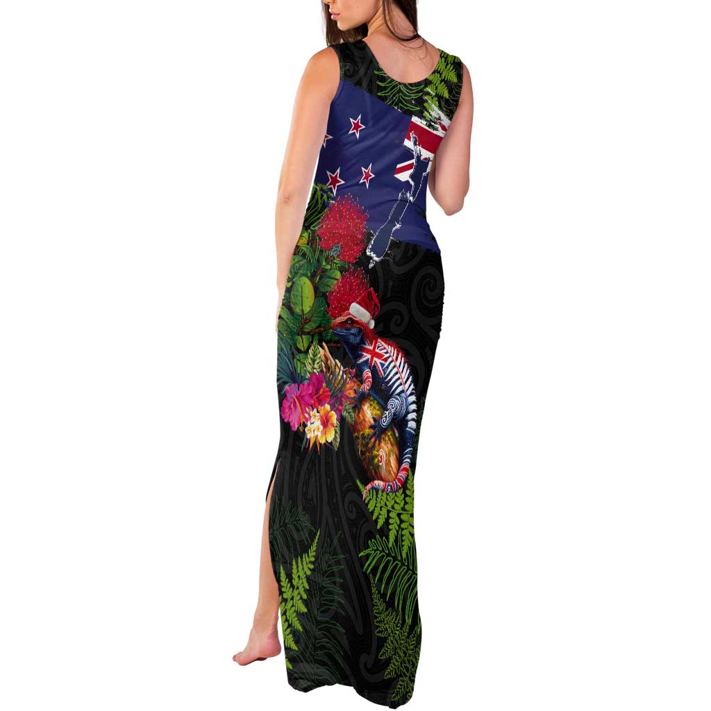 New Zealand Christmas Tank Maxi Dress Meri Kirihimete-Tuatara and Pohutukawa Black Color