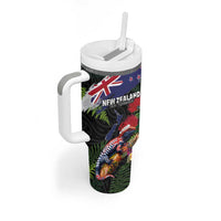 New Zealand Christmas Tumbler With Handle Meri Kirihimete-Tuatara and Pohutukawa Black Color LT03 - Polynesian Pride