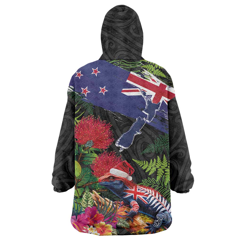 New Zealand Christmas Wearable Blanket Hoodie Meri Kirihimete-Tuatara and Pohutukawa Black Color