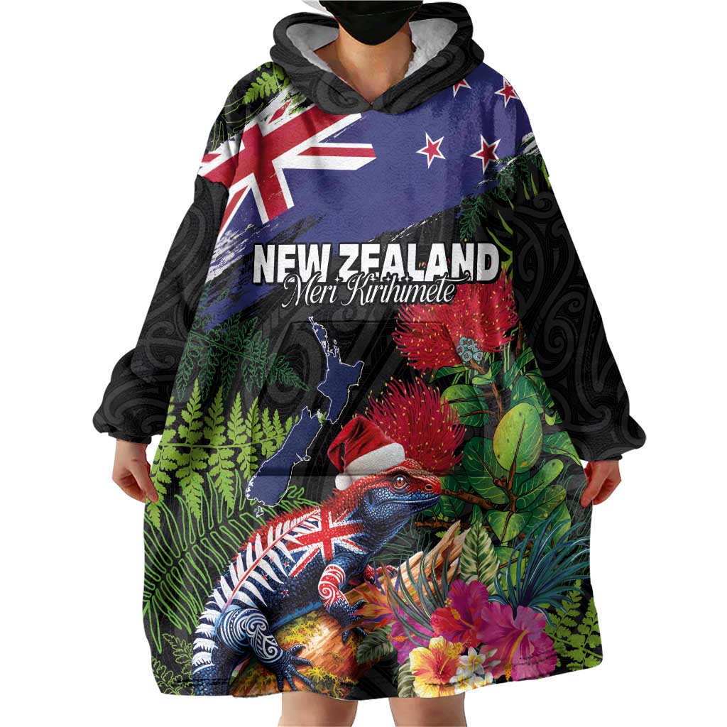New Zealand Christmas Wearable Blanket Hoodie Meri Kirihimete-Tuatara and Pohutukawa Black Color