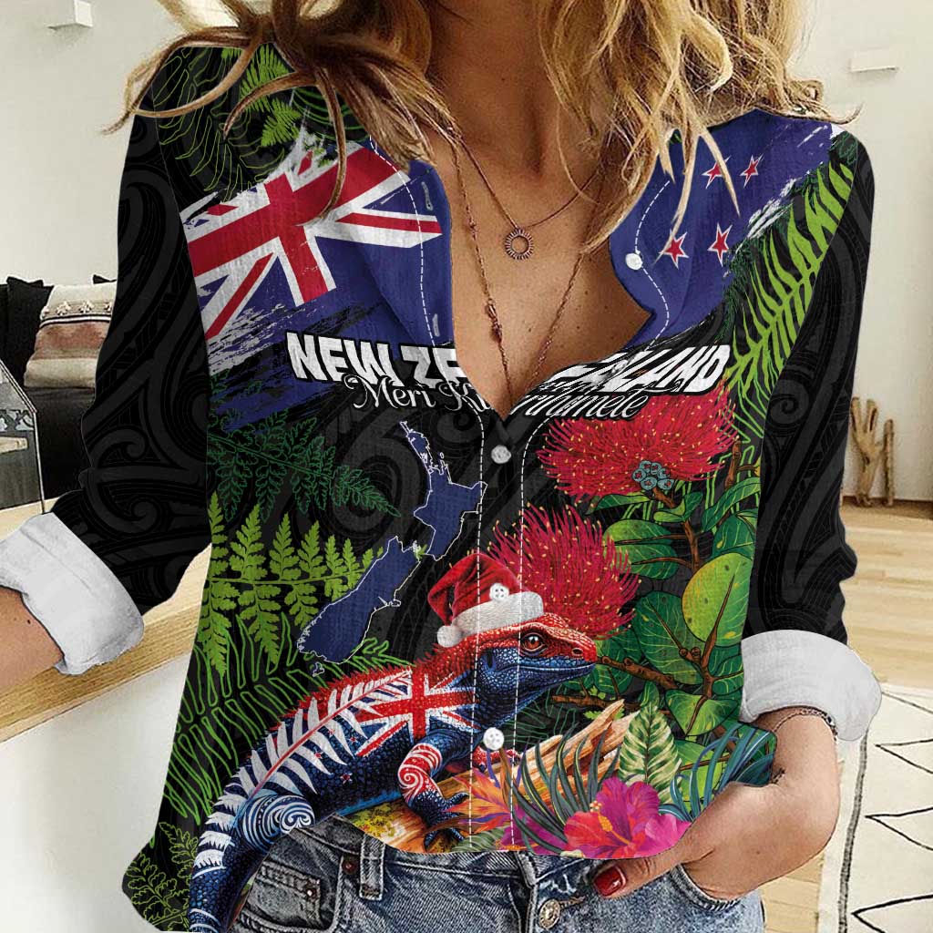 New Zealand Christmas Women Casual Shirt Meri Kirihimete-Tuatara and Pohutukawa Black Color