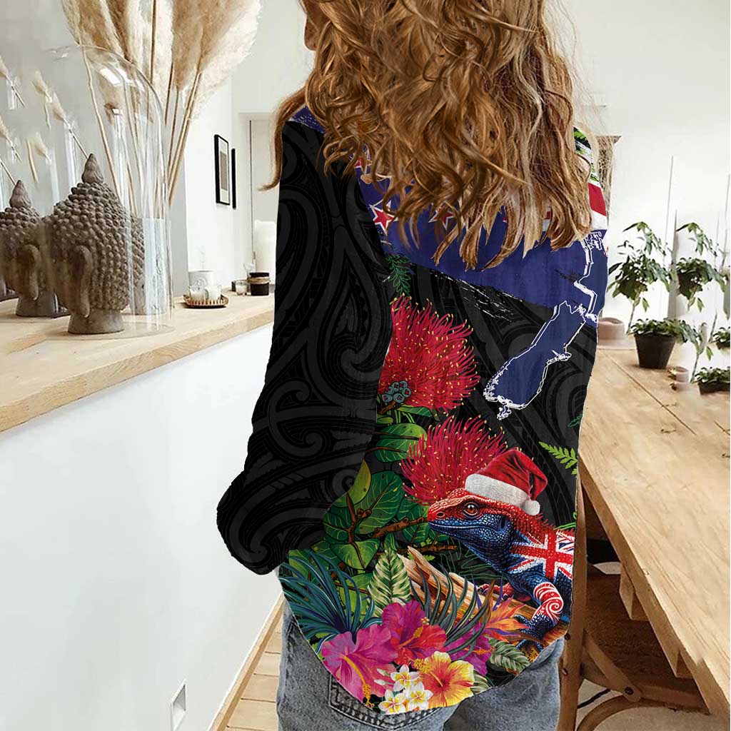New Zealand Christmas Women Casual Shirt Meri Kirihimete-Tuatara and Pohutukawa Black Color