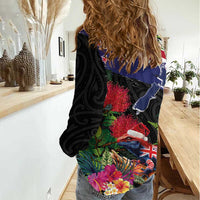 New Zealand Christmas Women Casual Shirt Meri Kirihimete-Tuatara and Pohutukawa Black Color