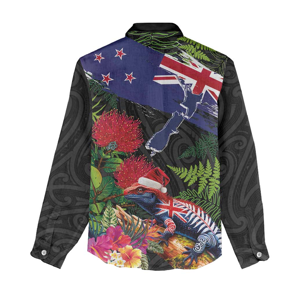 New Zealand Christmas Women Casual Shirt Meri Kirihimete-Tuatara and Pohutukawa Black Color