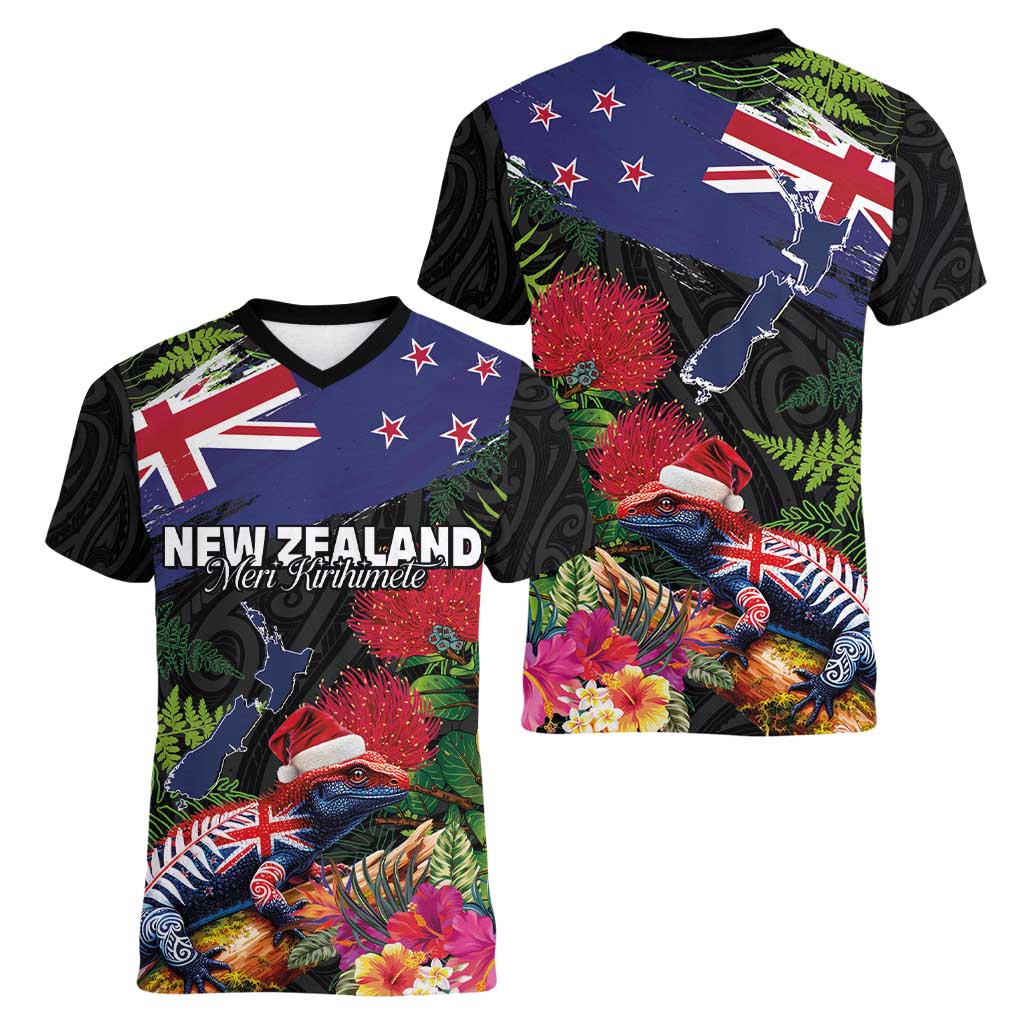 New Zealand Christmas Women V-Neck T-Shirt Meri Kirihimete-Tuatara and Pohutukawa Black Color