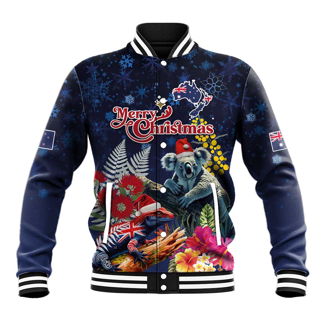 Australia and New Zealand Baseball Jacket Merry Christmas-Tuatara and Koala with Plants Xmas Style LT03 Unisex Navy - Polynesian Pride