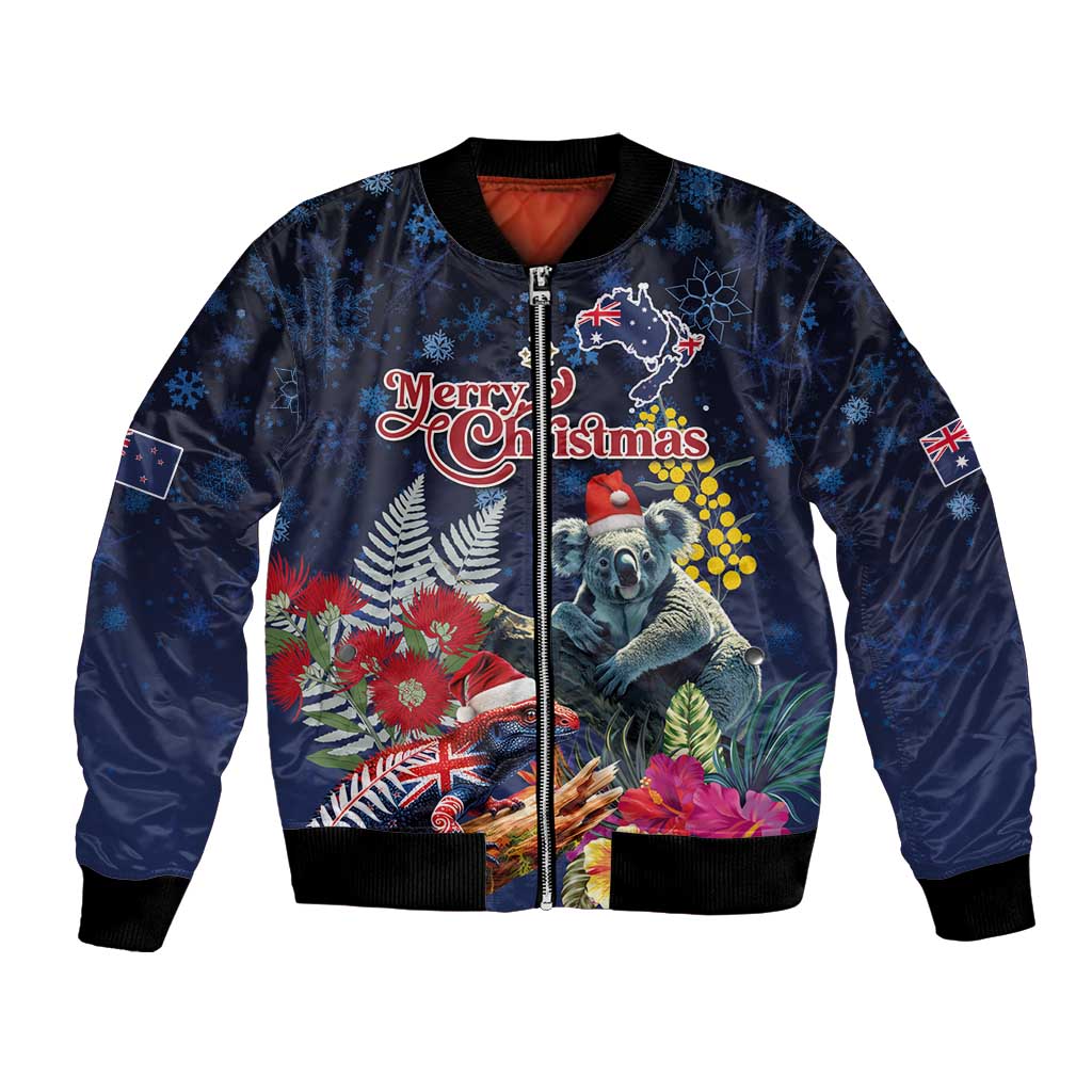 Australia and New Zealand Bomber Jacket Merry Christmas-Tuatara and Koala with Plants Xmas Style LT03 Unisex Navy - Polynesian Pride