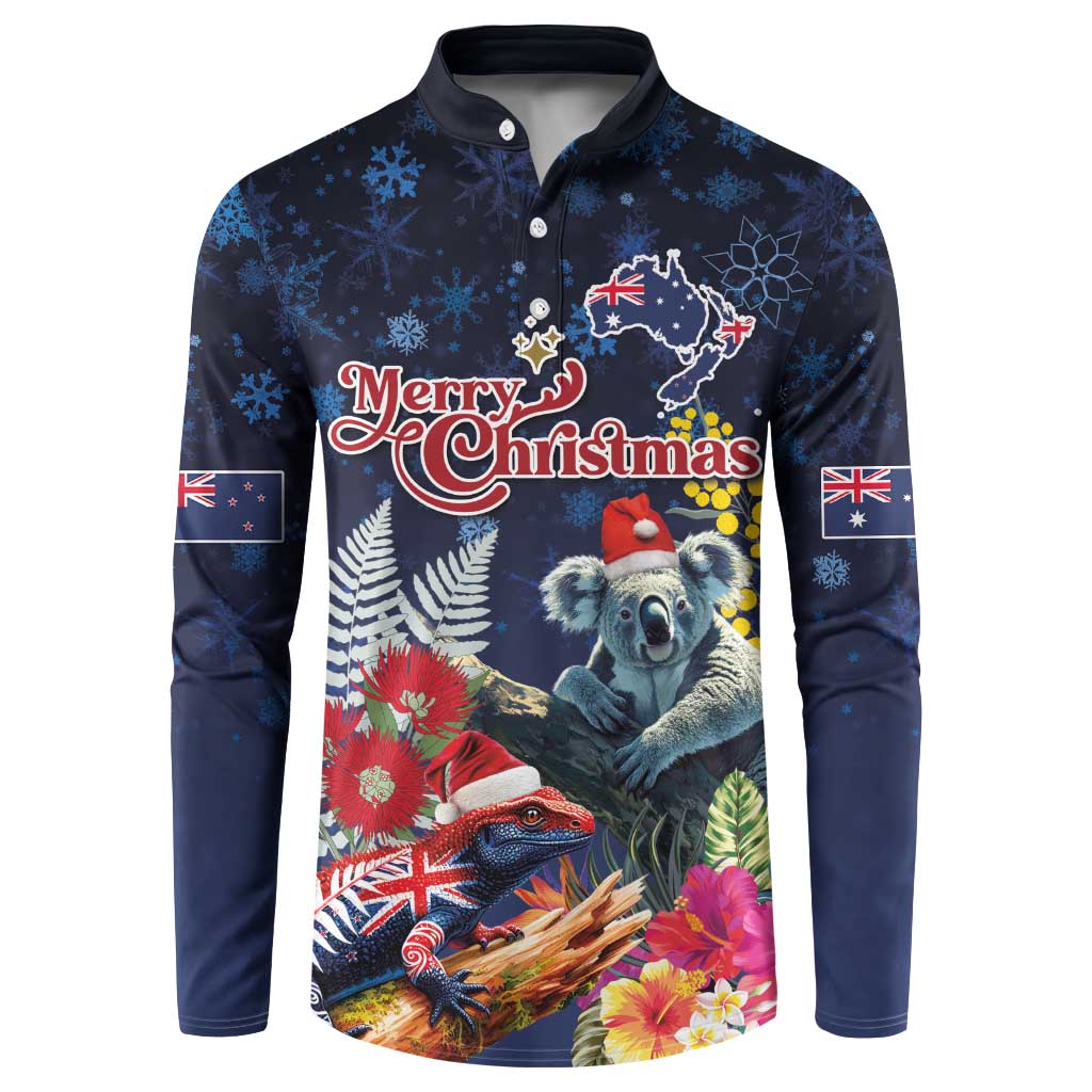 Australia and New Zealand Button Sweatshirt Merry Christmas-Tuatara and Koala with Plants Xmas Style LT03 Navy - Polynesian Pride