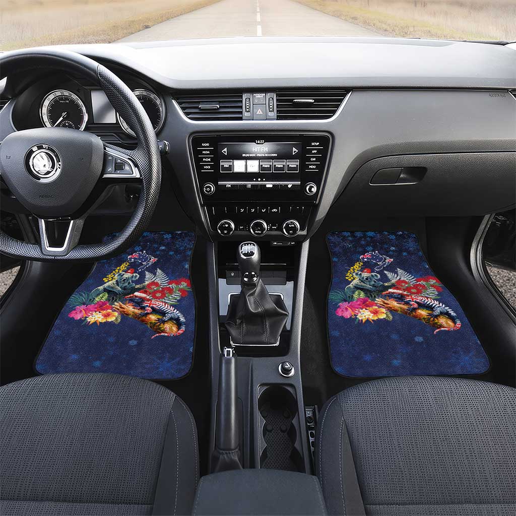 Australia and New Zealand Car Mats Merry Christmas-Tuatara and Koala with Plants Xmas Style LT03 Set 2pcs - Front Navy - Polynesian Pride