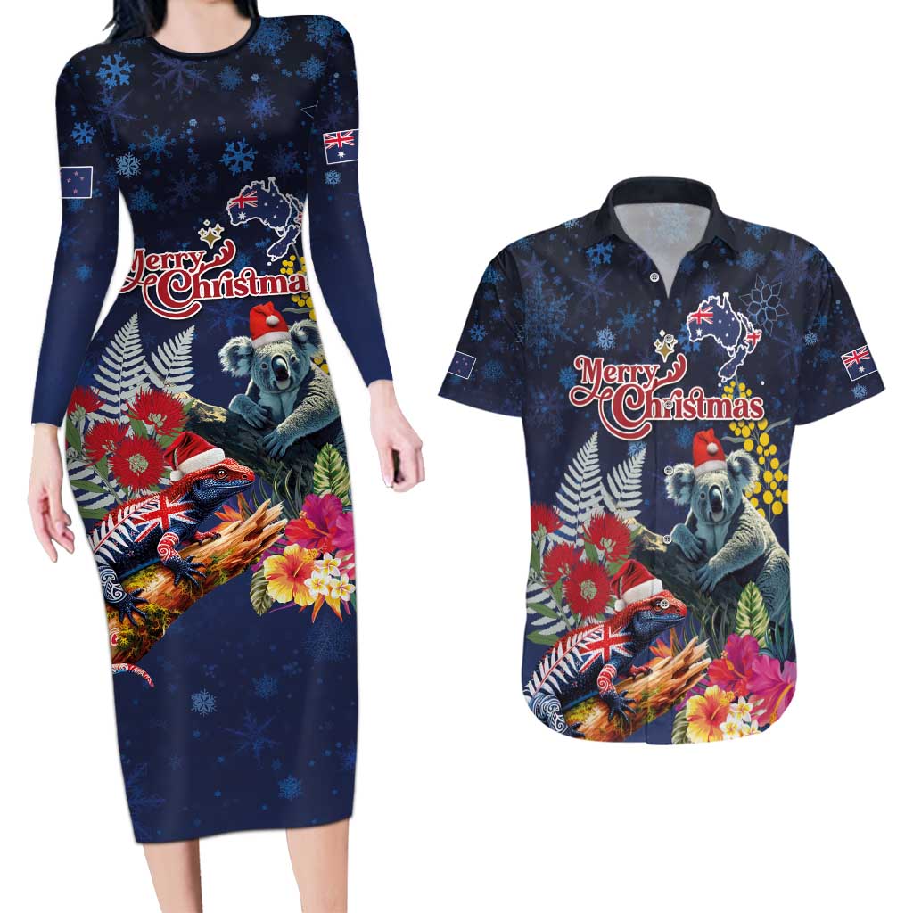 Australia and New Zealand Couples Matching Long Sleeve Bodycon Dress and Hawaiian Shirt Merry Christmas-Tuatara and Koala with Plants Xmas Style