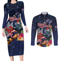 Australia and New Zealand Couples Matching Long Sleeve Bodycon Dress and Long Sleeve Button Shirt Merry Christmas-Tuatara and Koala with Plants Xmas Style LT03 Navy - Polynesian Pride