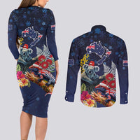 Australia and New Zealand Couples Matching Long Sleeve Bodycon Dress and Long Sleeve Button Shirt Merry Christmas-Tuatara and Koala with Plants Xmas Style LT03 - Polynesian Pride