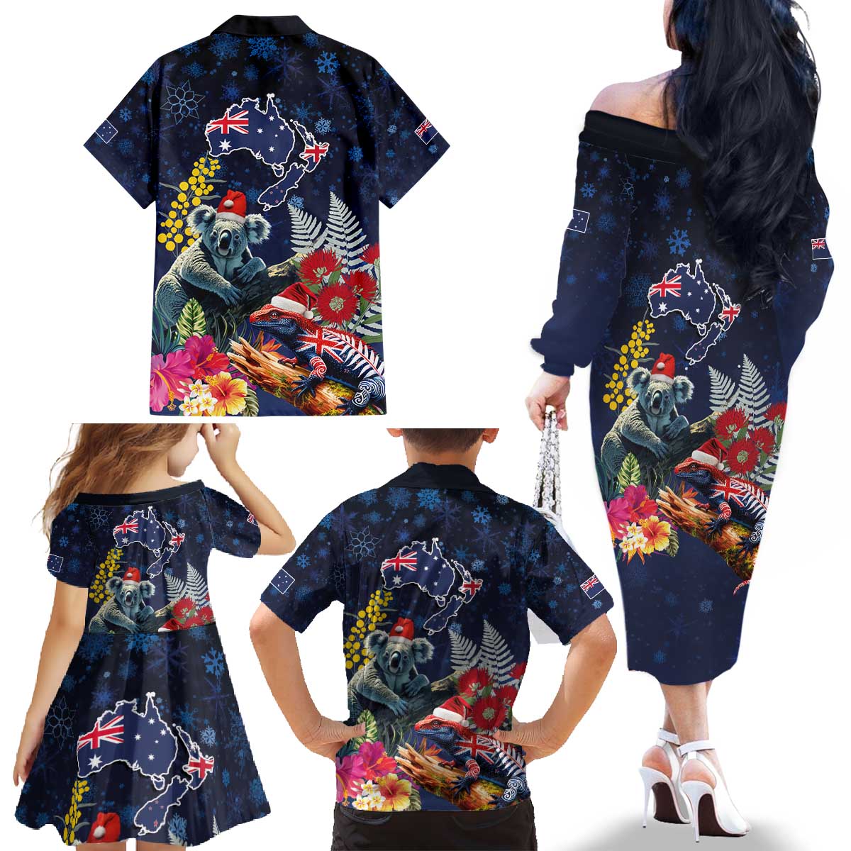 Australia and New Zealand Family Matching Off The Shoulder Long Sleeve Dress and Hawaiian Shirt Merry Christmas-Tuatara and Koala with Plants Xmas Style
