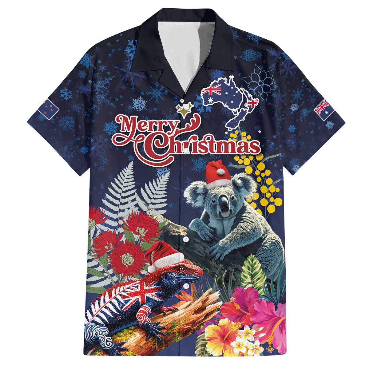 Australia and New Zealand Family Matching Off The Shoulder Long Sleeve Dress and Hawaiian Shirt Merry Christmas-Tuatara and Koala with Plants Xmas Style