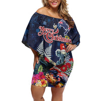 Australia and New Zealand Family Matching Off Shoulder Short Dress and Hawaiian Shirt Merry Christmas-Tuatara and Koala with Plants Xmas Style