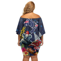 Australia and New Zealand Family Matching Off Shoulder Short Dress and Hawaiian Shirt Merry Christmas-Tuatara and Koala with Plants Xmas Style