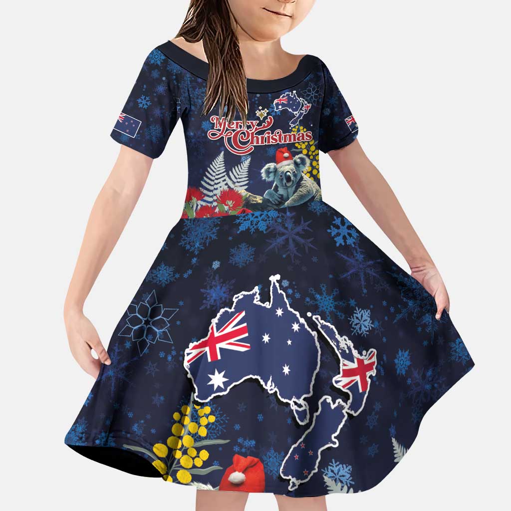 Australia and New Zealand Family Matching Puletasi and Hawaiian Shirt Merry Christmas-Tuatara and Koala with Plants Xmas Style LT03 Daughter's Dress Navy - Polynesian Pride