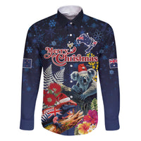 Australia and New Zealand Family Matching Puletasi and Hawaiian Shirt Merry Christmas-Tuatara and Koala with Plants Xmas Style LT03 Dad's Shirt - Long Sleeve Navy - Polynesian Pride