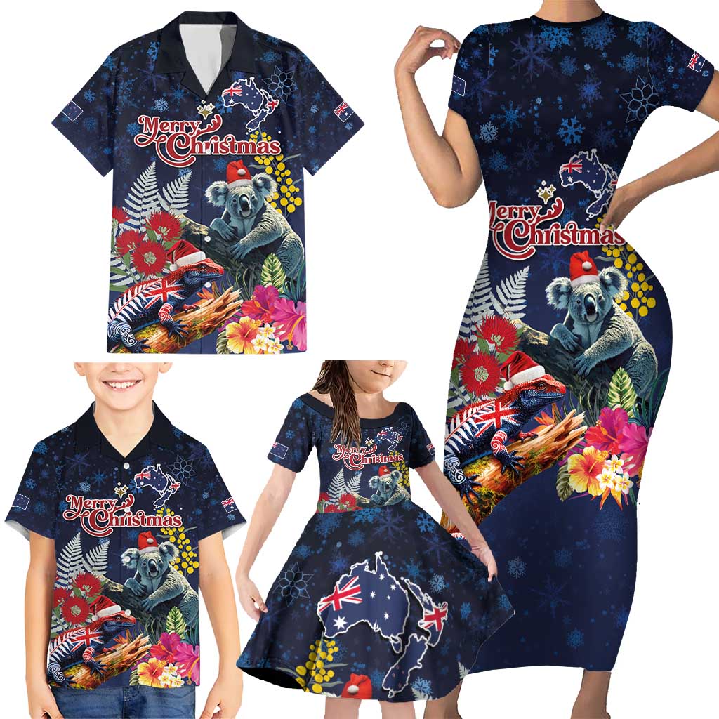 Australia and New Zealand Family Matching Short Sleeve Bodycon Dress and Hawaiian Shirt Merry Christmas-Tuatara and Koala with Plants Xmas Style